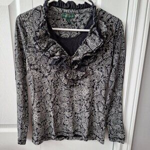 Ralph Lauren Black and White 100% Cotton Paisley Ruffle Top